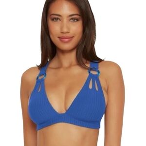 NWOT Becca Women's Line & Sand Halter Bikini Top L Blue Crisscross Tie Closure